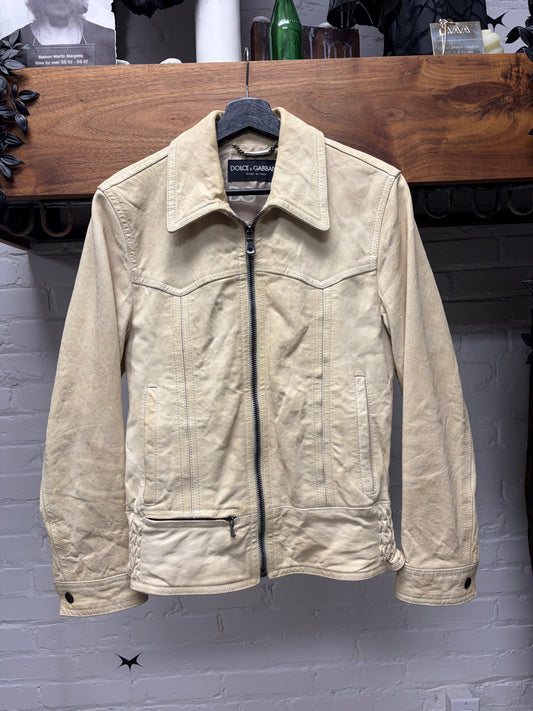 2000s Dolce and Gabbana Cream Lambskin Leather Jacket with Silk Monogram Liner Interior