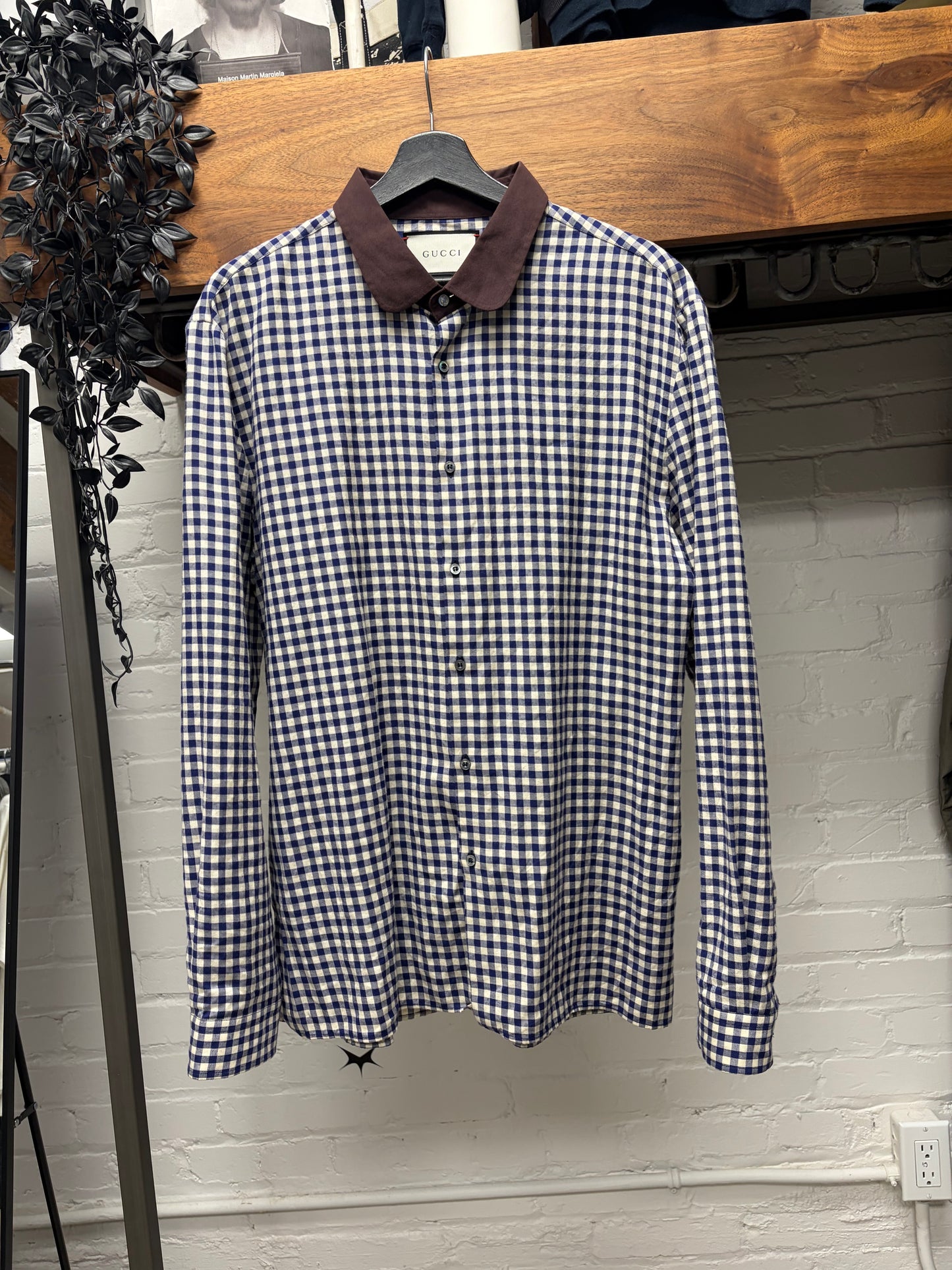 Gucci Gingham Plaid Shirt with Chocolate Brown Cotton Collar