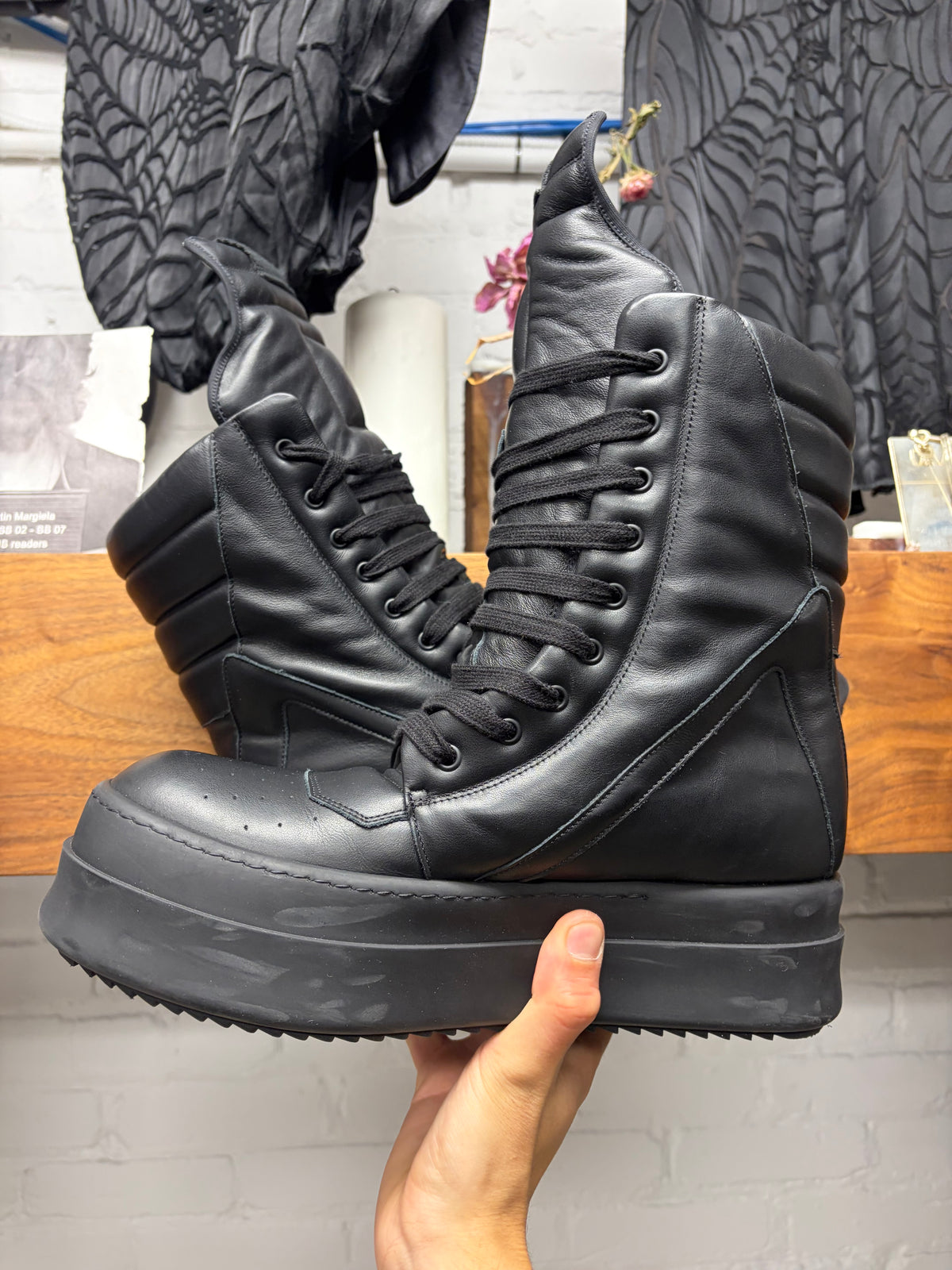 Rick Owens ‘Double Bumper’ Black Leather ‘Geobasket’ Platform High Top Sneakers