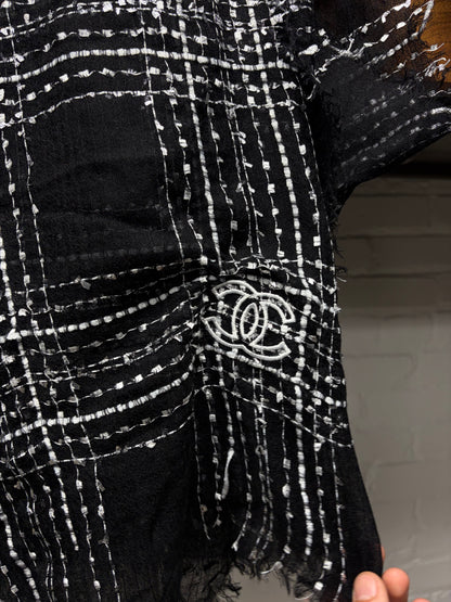 Chanel Tweed Pattern Black/Silver Cashmere CC Interlock Logo Scarf