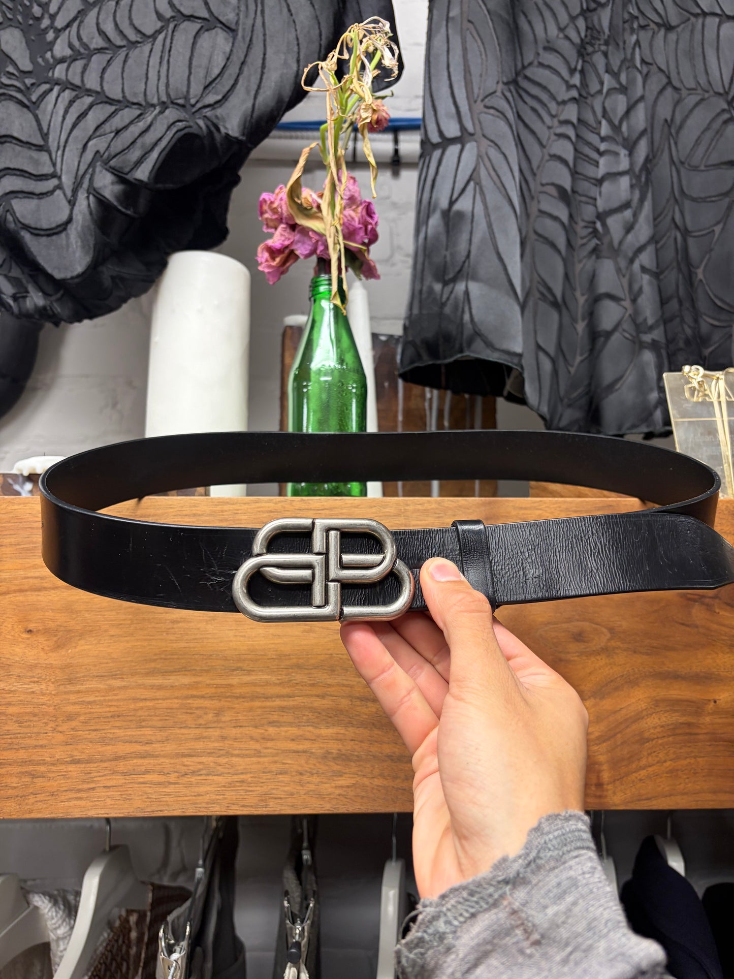 Balenciaga ‘BB’ Black Leather Belt with Silver Tone Buckle