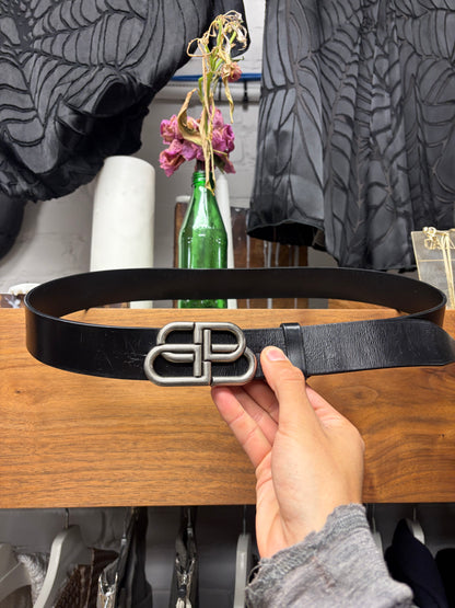 Balenciaga ‘BB’ Black Leather Belt with Silver Tone Buckle