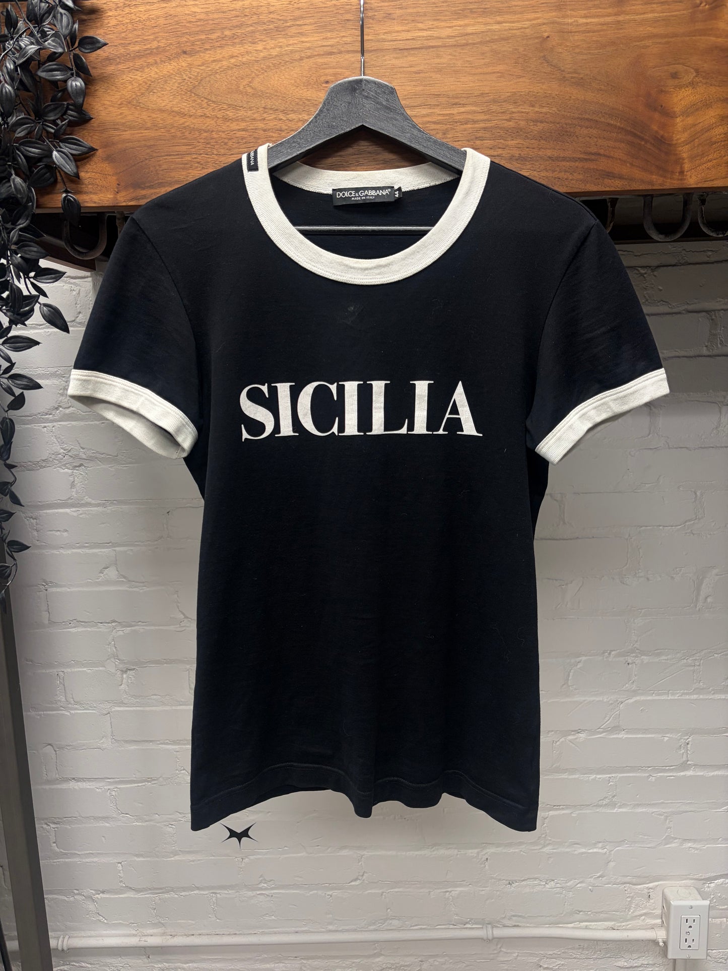 Dolce and Gabbana ‘Sicilia’ Black/White Cotton Ringer T-Shirt