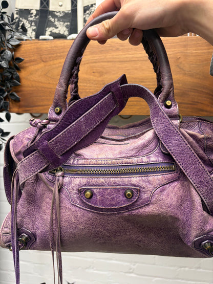 Balenciaga Purple Lambskin Leather ‘City’ Bag with Crossbody Strap