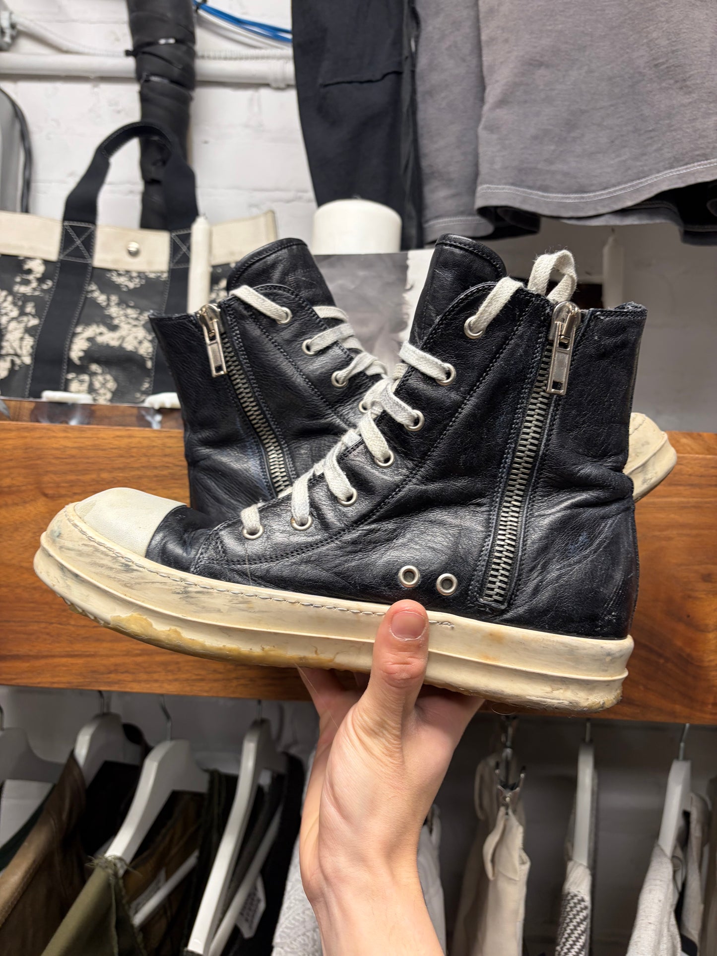 Rick Owens Mainline Horse Leather ‘Ramones’ Black High Top Sneakers