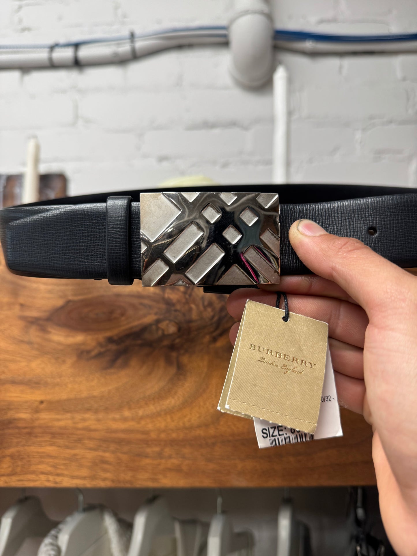 Burberry ‘Nova Check’ Logo Buckle Black Leather Belt