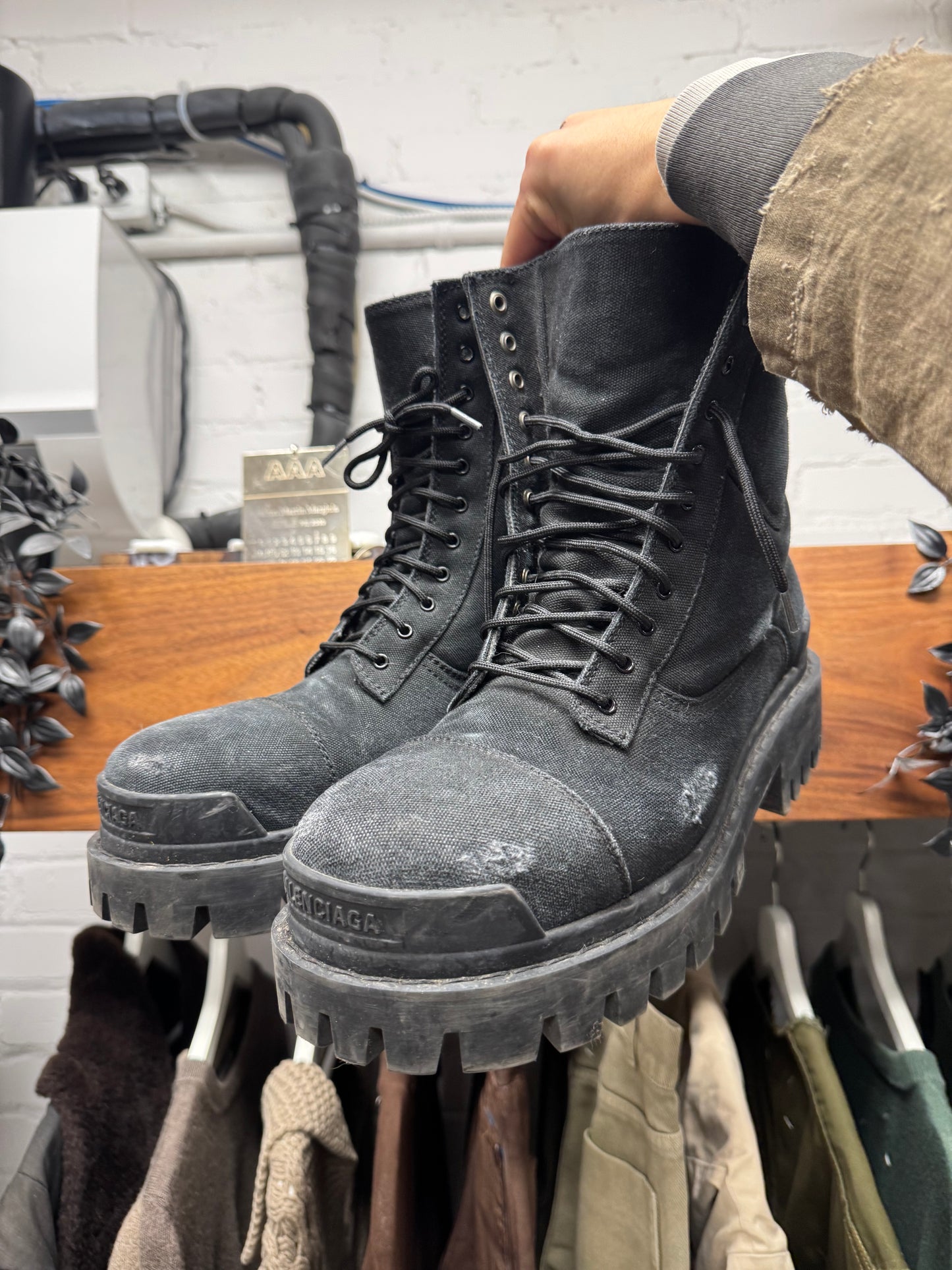 Balenciaga ‘Strike’ Distressed Canvas Black Combat Boots