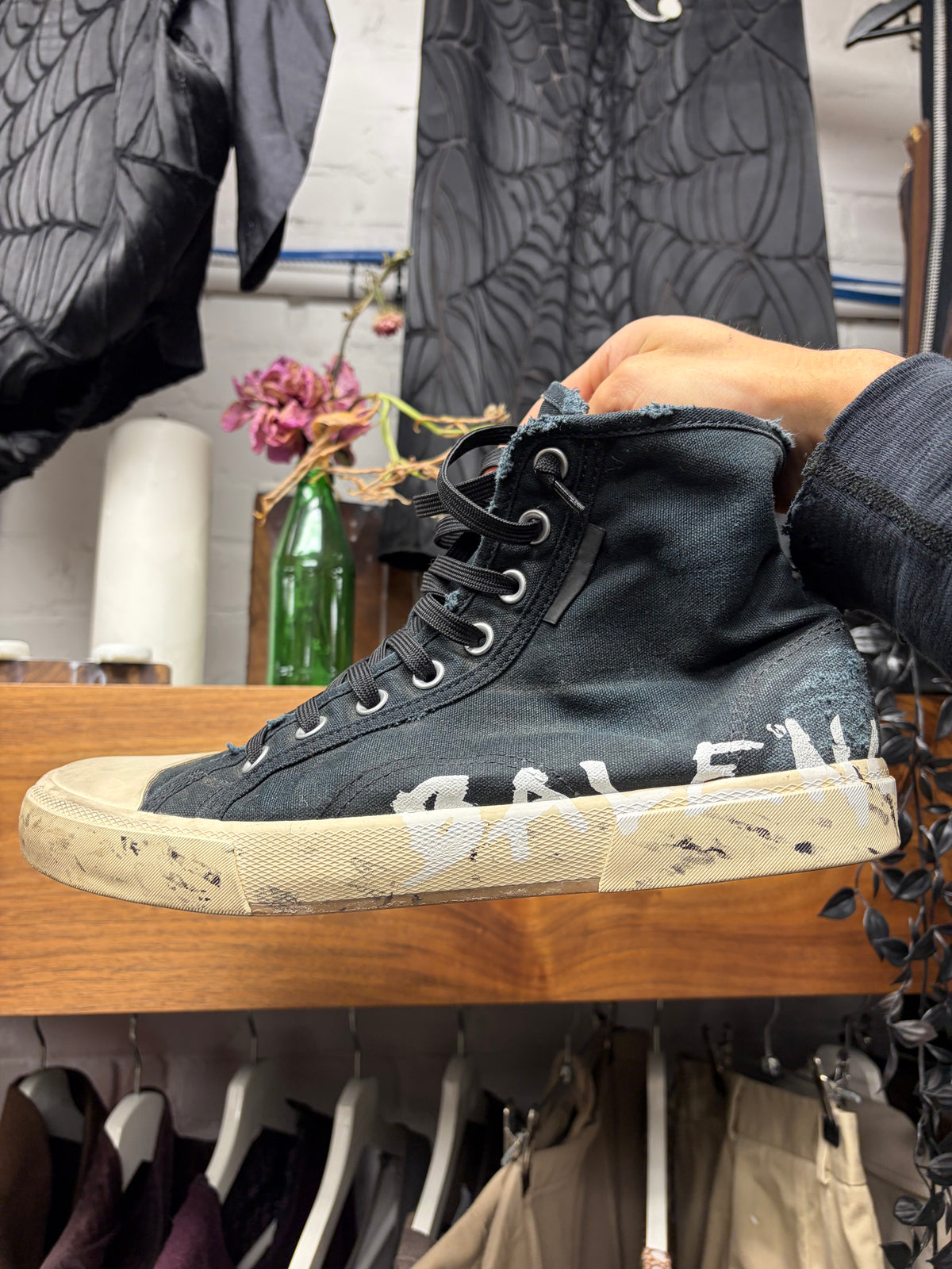 Balenciaga ‘Paris’ Graffiti Distressed Black Canvas High Top Sneakers