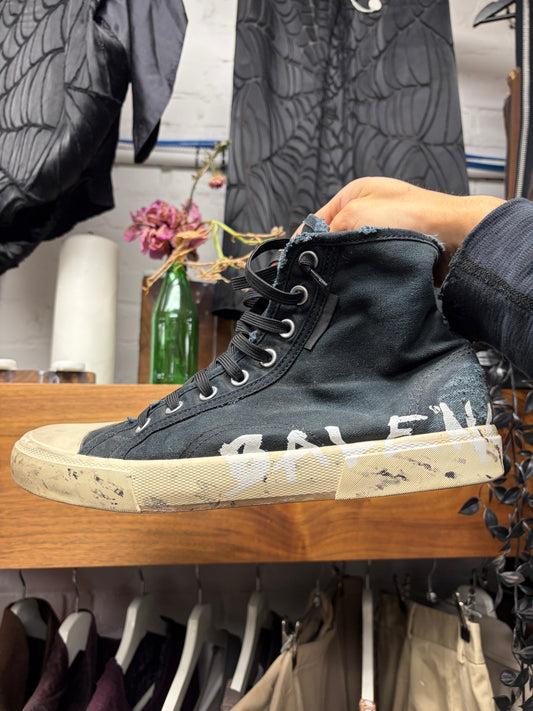 Balenciaga ‘Paris’ Graffiti Distressed Black Canvas High Top Sneakers