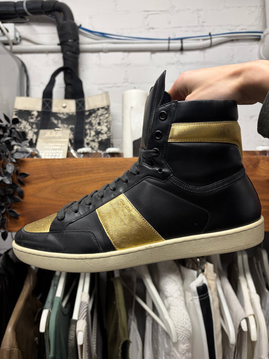 Saint Laurent ‘SL/10H’ Black/Gold Leather Court High Top Sneakers