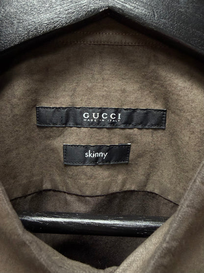 Gucci ‘Resin Waxed’ Cotton Brown Button Up ‘Skinny’ Shirt with Cursive Pocket Branding