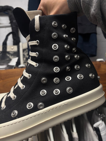 Rick Owens ‘Ramones’ Studded Eyelet Black Canvas High Top Sneakers