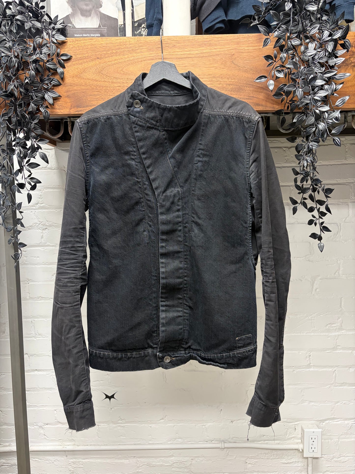 Rick Owens O&M Era Black Denim ‘Slave’ High Neck Jacket