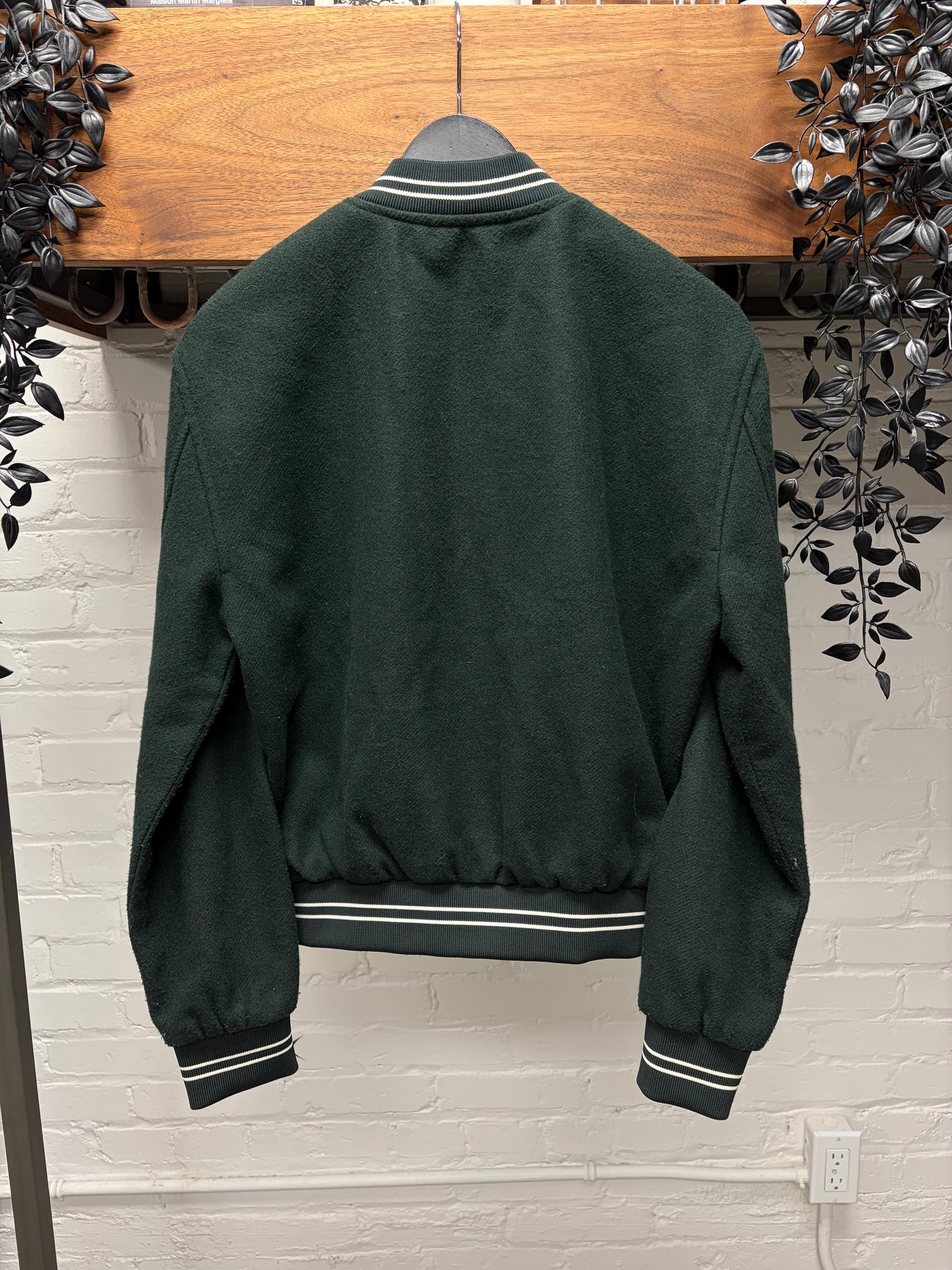 Celine Chain Stitched ‘Cursive Logo’ Forest Green Wool Varsity Jacket