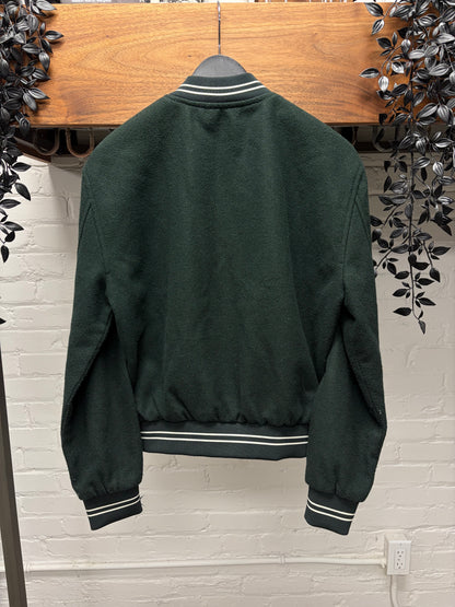 Celine Chain Stitched ‘Cursive Logo’ Forest Green Wool Varsity Jacket
