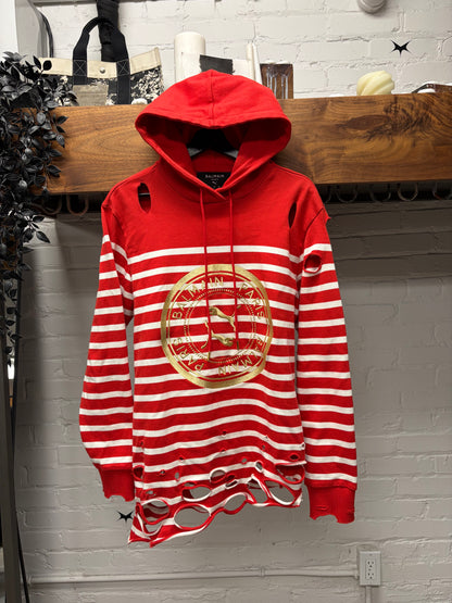 Balmain x Puma Distressed Red/White Striped Hoodie