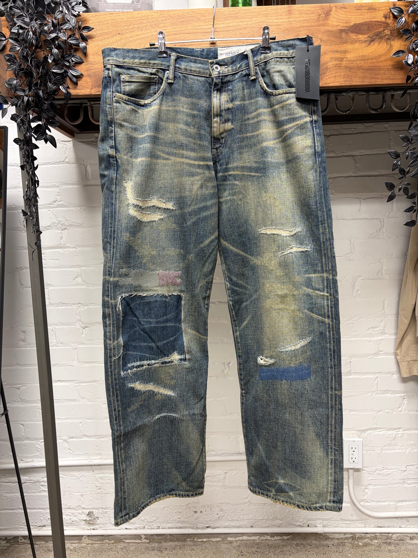 Neighborhood Selvedge ‘DP’ Wide Leg Repaired Washed Blue Denim