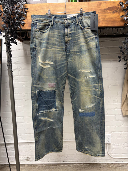 Neighborhood Selvedge ‘DP’ Wide Leg Repaired Washed Blue Denim
