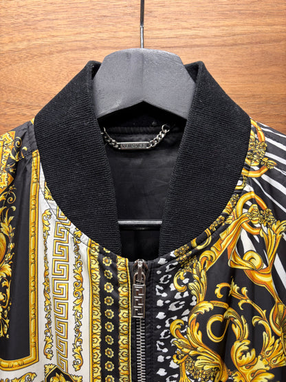 Versace ‘Baroque’ Full Print Gold/Black Silk Bomber Jacket