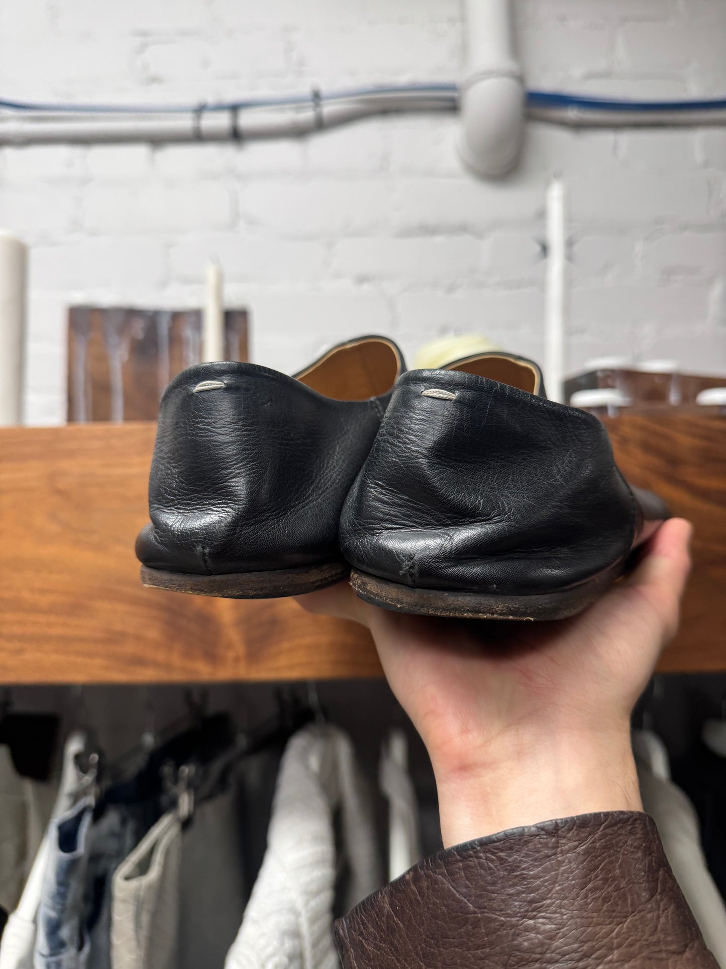 Maison Margiela ‘Tabi’ Split Toe Black Leather Slip On Flats