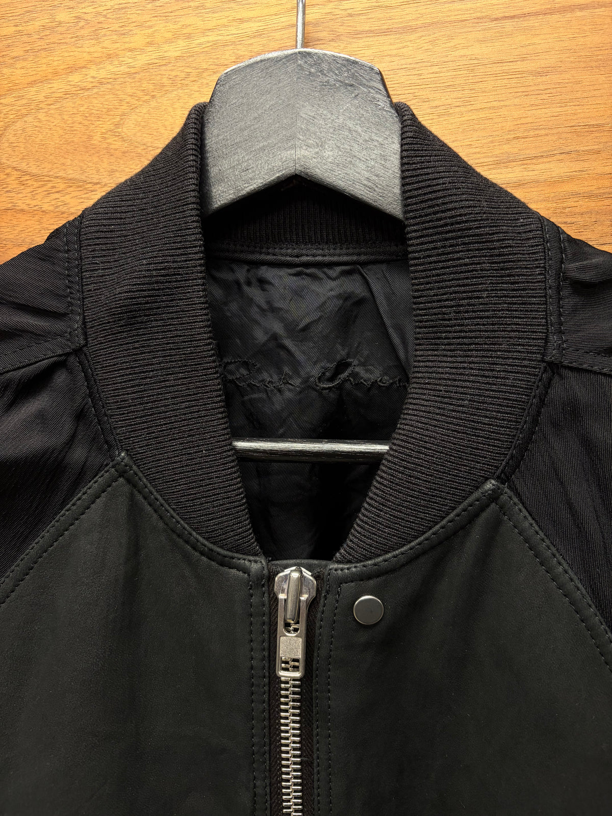 SS2016 Rick Owens ‘Cyclops’ Cropped Black Geometric Pattern Lambskin Hybrid Bomber Jacket