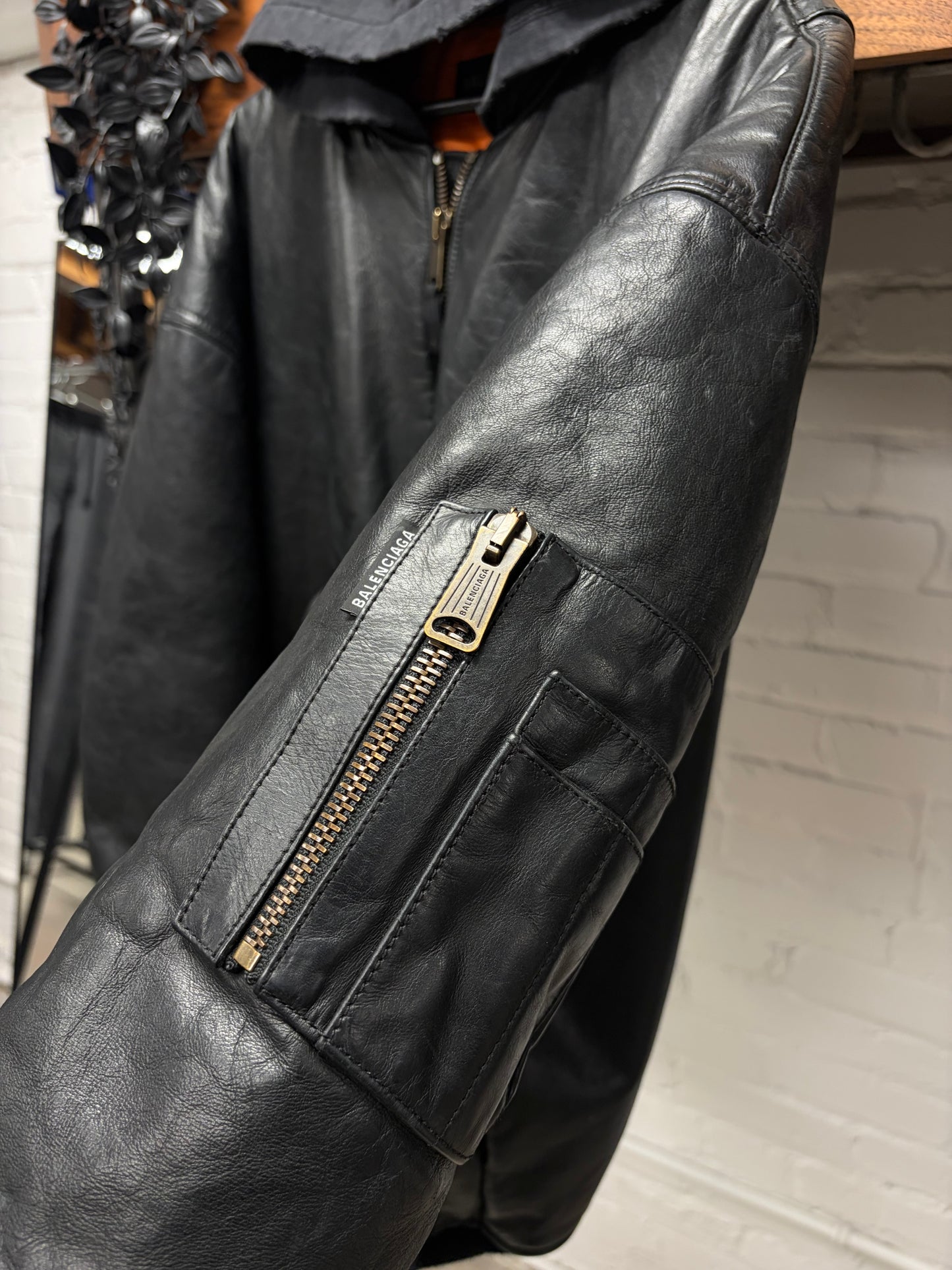 AW2023 Balenciaga ‘Mudshow’ Leather MA-1 Oversized Black Hooded Bomber Jacket