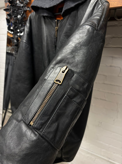 AW2023 Balenciaga ‘Mudshow’ Leather MA-1 Oversized Black Hooded Bomber Jacket
