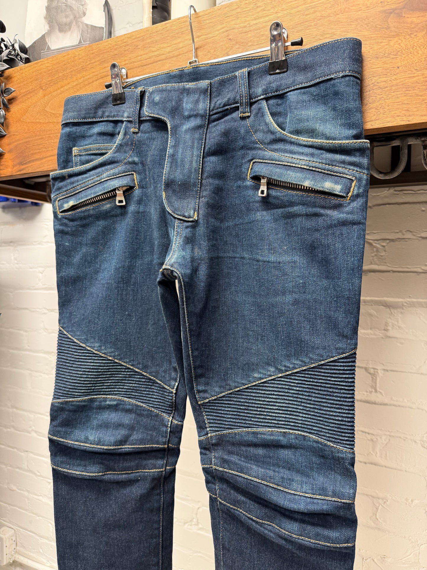 Balmain Classic Raw Wash Blue Moto-Biker Skinny Jeans