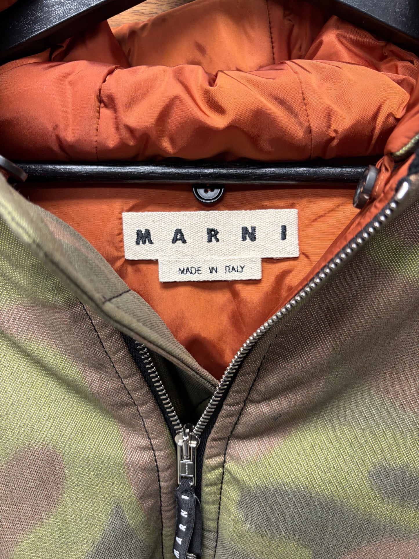 Marni ‘Dusted Olive’ Ruched Sleeve MA-1 Camo Hooded Bomber Jacket