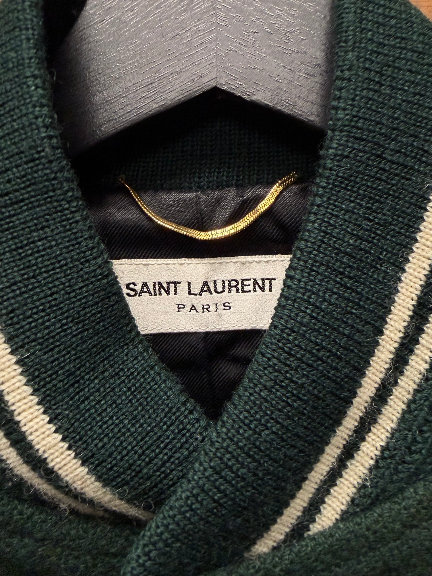 2016 Saint Laurent ‘Teddy’ Forest Green/White Wool Varsity Jacket