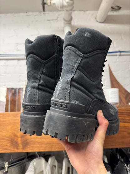 Balenciaga ‘Strike’ Distressed Canvas Black Combat Boots