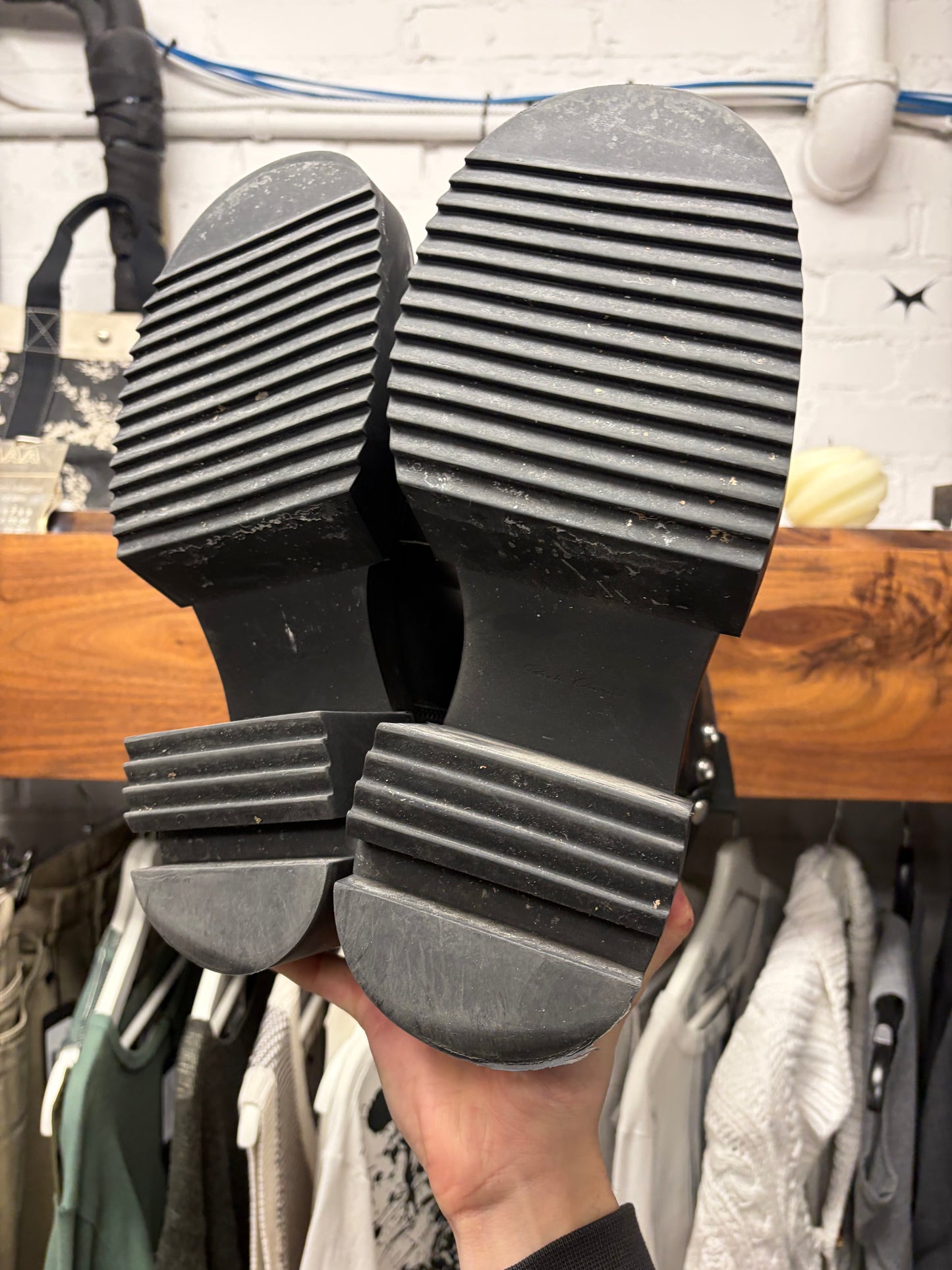 Rick Owens Pull On ‘Bogun’ Black Calfskin Leather Platform Sole Boots