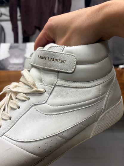 Saint Laurent ‘Lenny’ Optic White Leather Mid-Top Sneakers