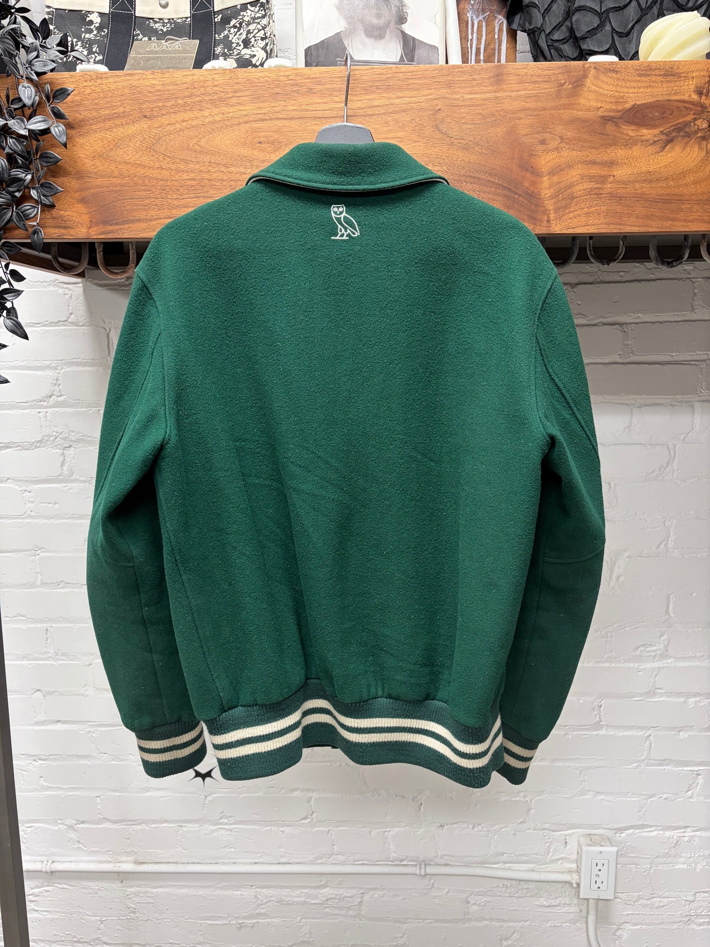 OVO x Roots Embroidered Logo Green/White Wool Letterman Varsity Jacket