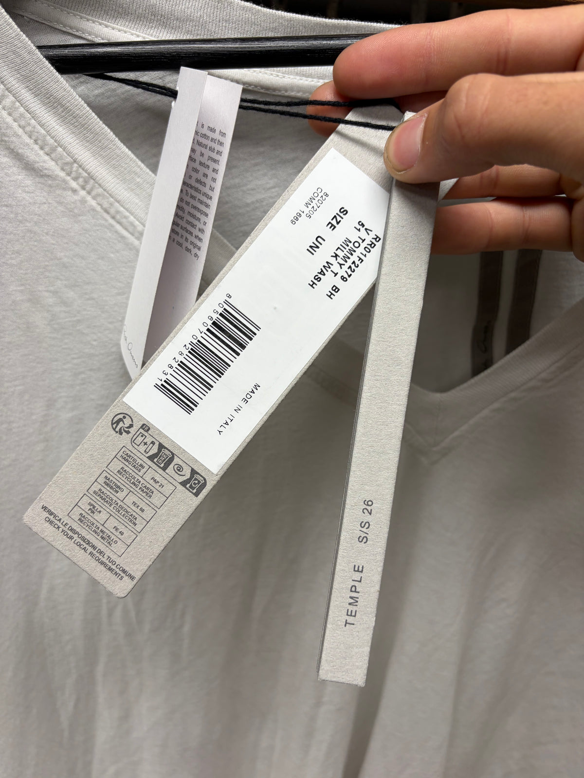 SS2026 Rick Owens ‘Temple’ Milk Wash ‘Tommy’ V-Neck Shirt