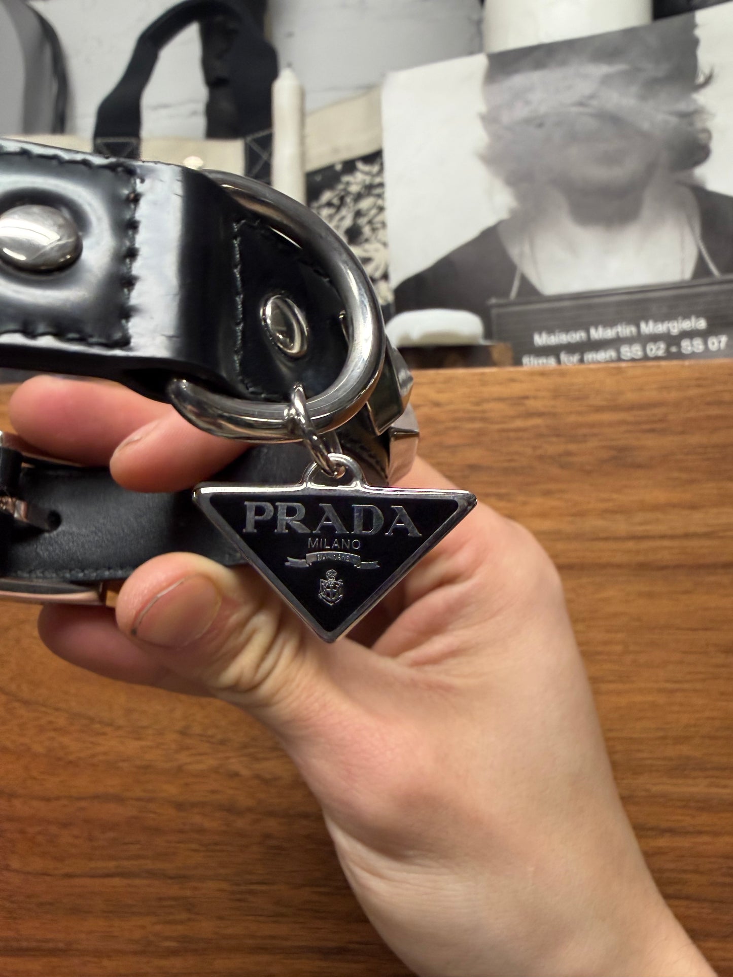 Prada Brushed Calfskin Leather Studded Black Dog Collar