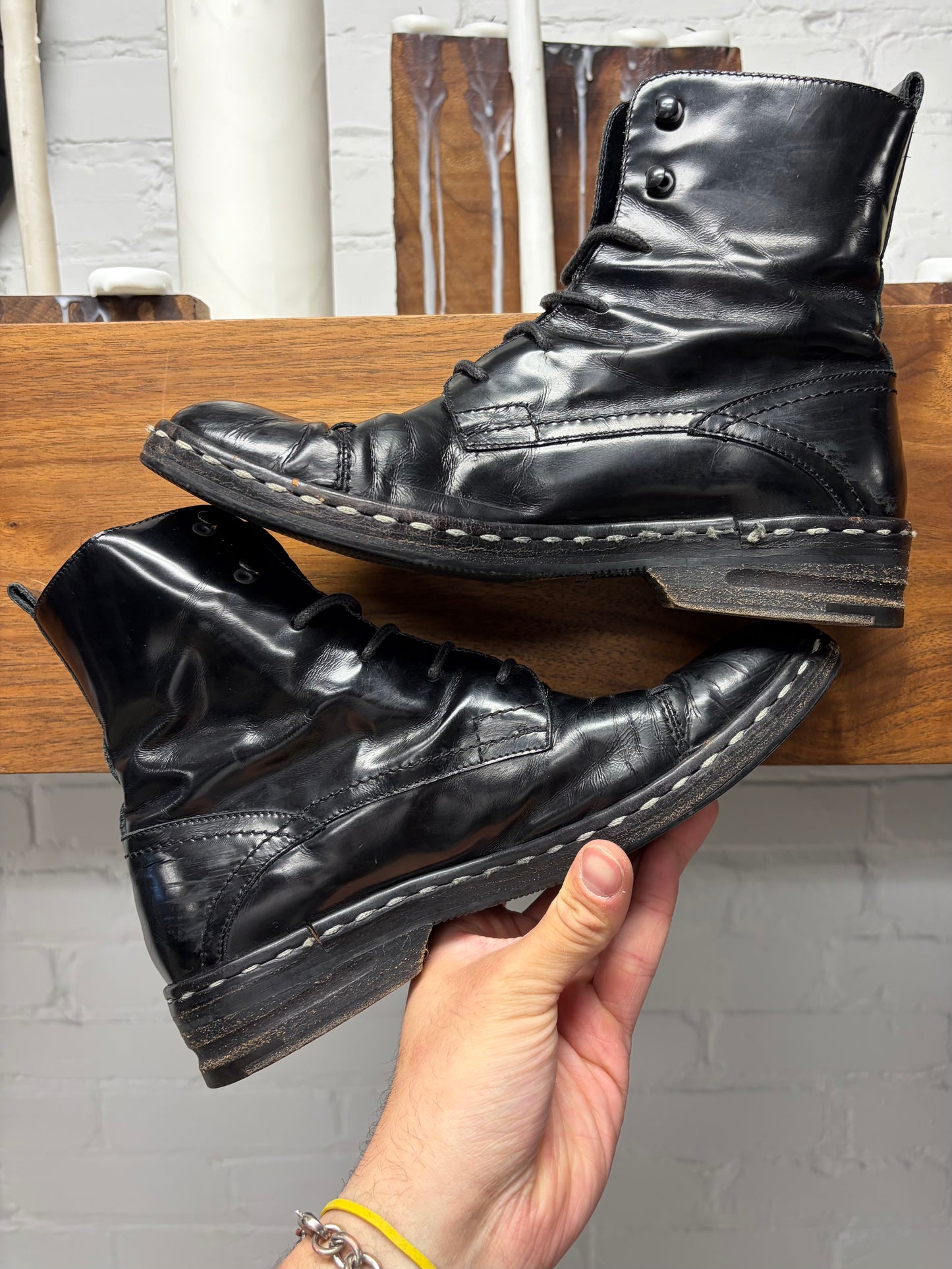 Costume National Black Patent Leather Contrast Stitch Combat Boots