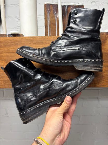 Costume National Black Patent Leather Contrast Stitch Combat Boots