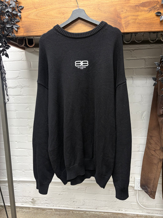 2022 Balenciaga ‘BB’ Embroidered Logo Black Oversized Knit Sweater