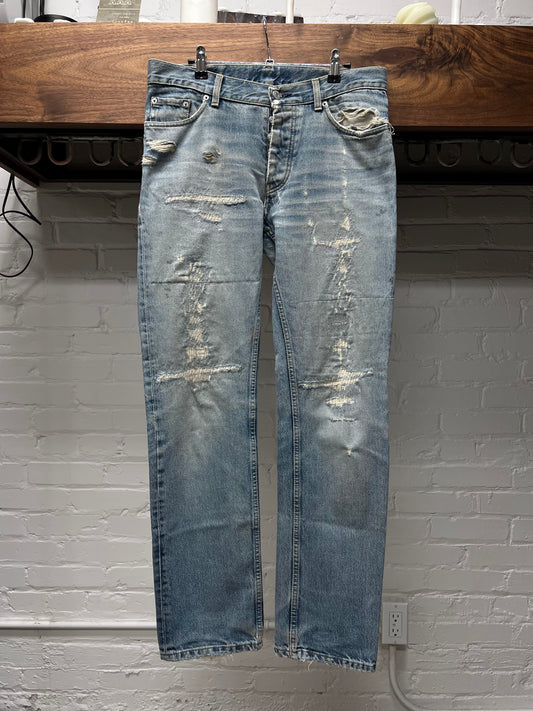 Vintage 1998 Helmut Lang ‘Painter’ Silver/Blue Denim With Hand Repairs