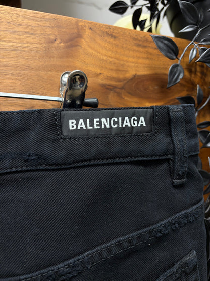2022 Balenciaga Distressed ‘Dirty Black’ Over Knee Length Cutoff Denim Shorts