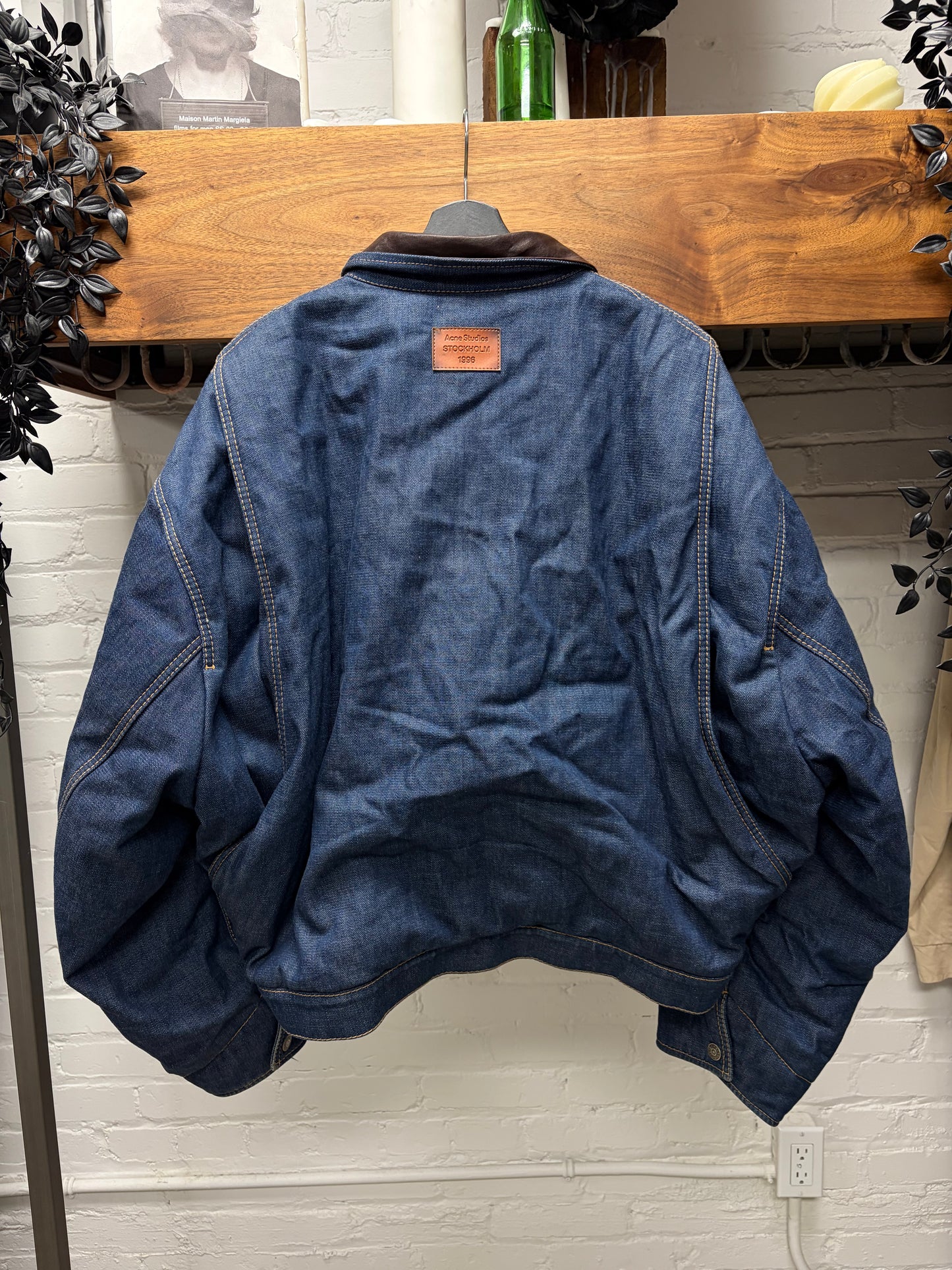 Acne Studios ‘Padded’ Plaid Lined Blue Denim Jacket with Leather Collar