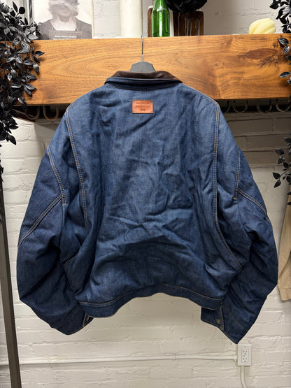 Acne Studios ‘Padded’ Plaid Lined Blue Denim Jacket with Leather Collar