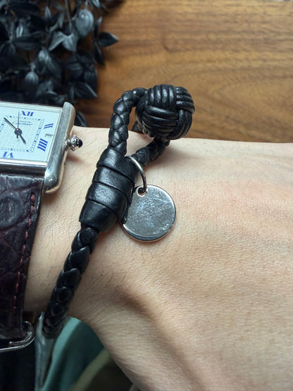 Bottega Veneta Woven ‘Intrecciato’ Black Leather Rope Bracelet with Charm