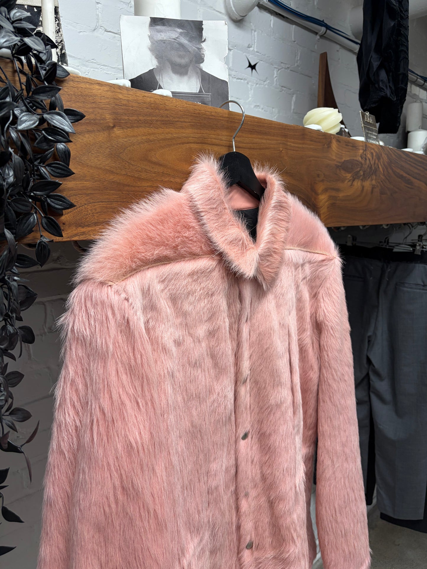 AW2022 Rick Owens ‘Strobe’ Pink Pony Hair Back-Strap Work Jacket