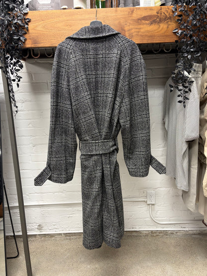 AW2025 Balenciaga Distressed ‘Raglan One Layer’ Plaid Belted Wool Full Length Trench Coat