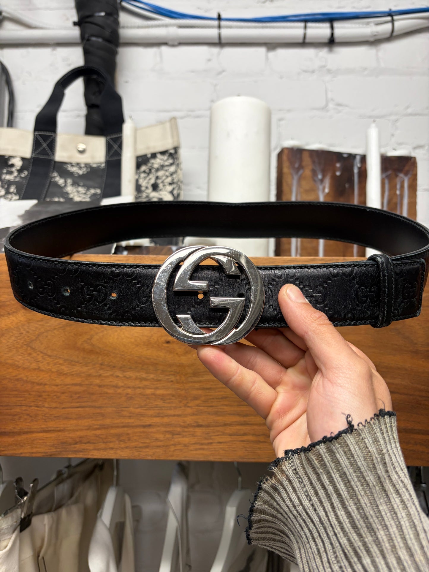 Gucci ‘Guccisima’ Black Monogram Silver Buckle Leather Belt