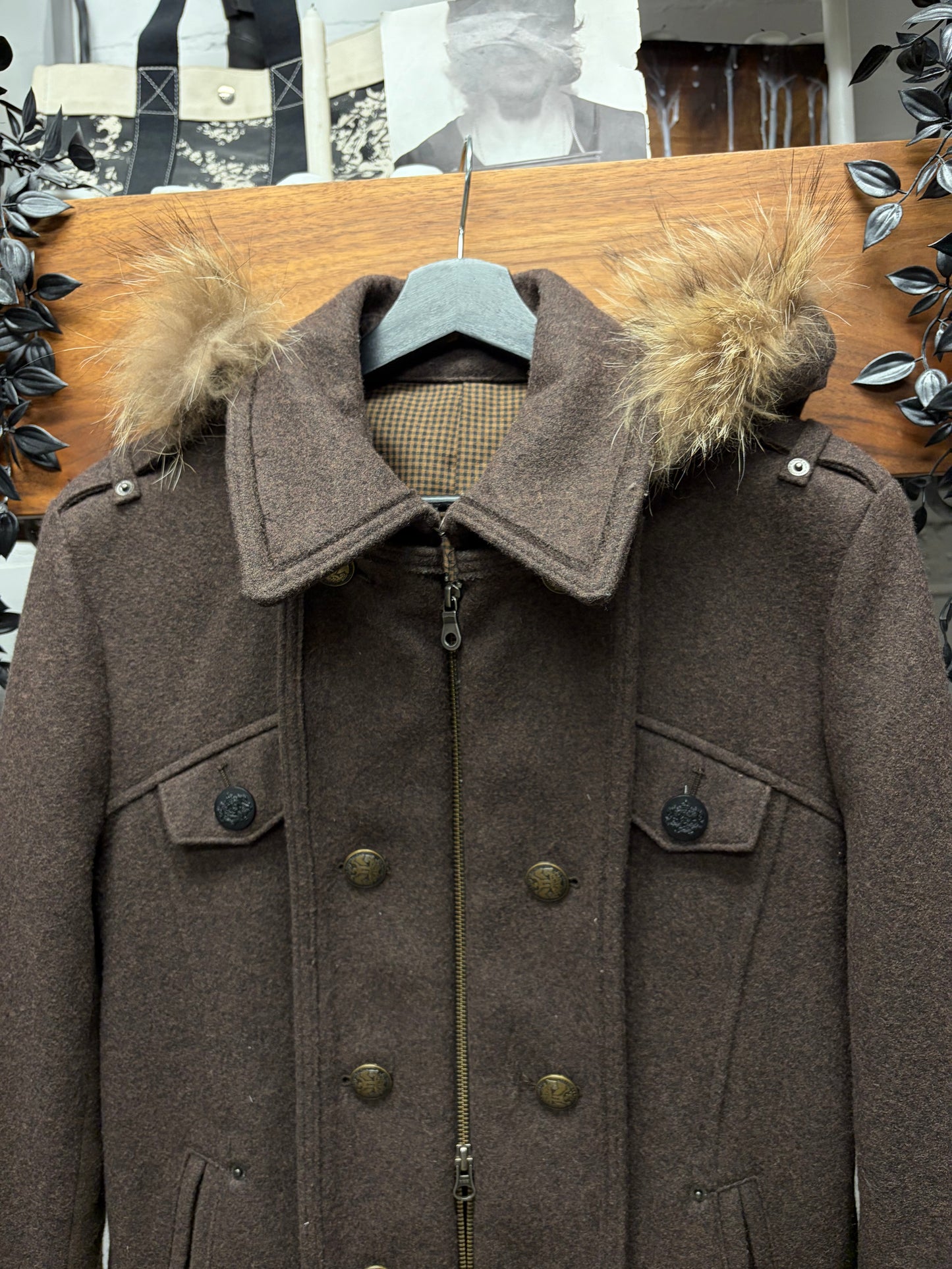 PPFM Fur Hooded Brown Napoleon Jacket