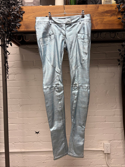 SS2011 Balmain ‘Metallic’ Ice Blue Lambskin Biker Skinny Leather Pants
