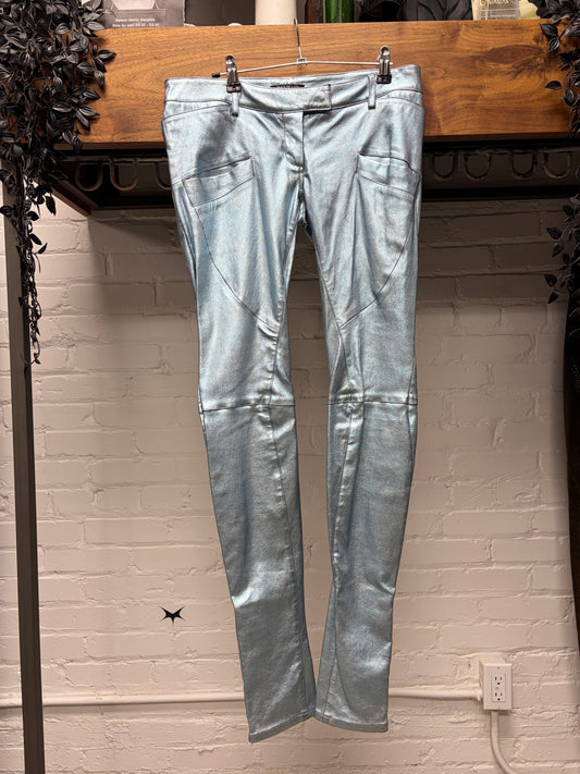SS2011 Balmain ‘Metallic’ Ice Blue Lambskin Biker Skinny Leather Pants